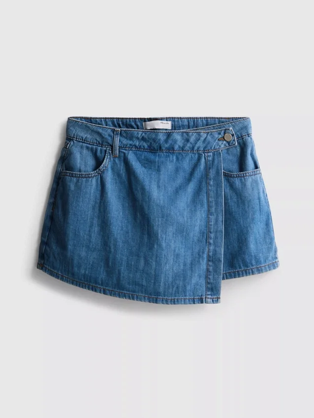 Asymetrická zavinovací sukně z bavlněného denimu
